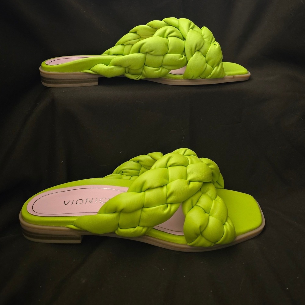 Vionic Kalina Braided Slide Sandals Lime Green Square Toe Flat 922S1300 sz 7M